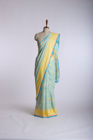 Ikkat Cotton Leaf And Dot Design Embroidery Work Sarees With Soft Amber.