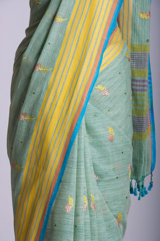 Ikkat Cotton Leaf And Dot Design Embroidery Work Sarees With Soft Amber.