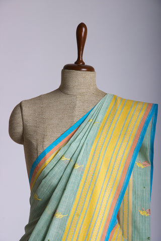 Ikkat Cotton Leaf And Dot Design Embroidery Work Sarees With Soft Amber.