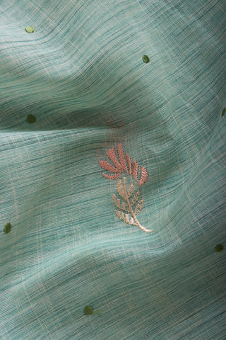 Ikkat Cotton Leaf And Dot Design Embroidery Work Sarees With Soft Amber.