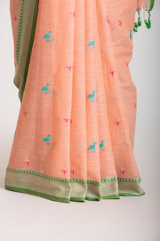 Kanchi Cotton Saree With Hand Embroidery.