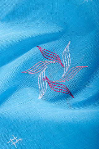 Kanchi cotton saree with Blue color branches  and pink color flower hand embroidery.