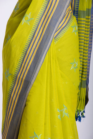 Kanchi cotton saree with Blue color branches  and pink color flower hand embroidery.