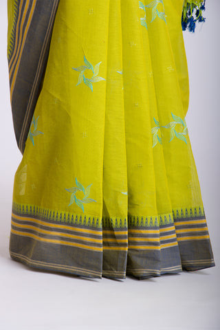 Kanchi cotton saree with Blue color branches  and pink color flower hand embroidery.