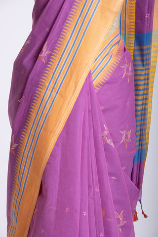 Kanchi cotton saree with Blue color branches  and pink color flower hand embroidery.