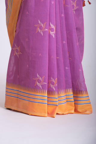 Kanchi cotton saree with Blue color branches  and pink color flower hand embroidery.