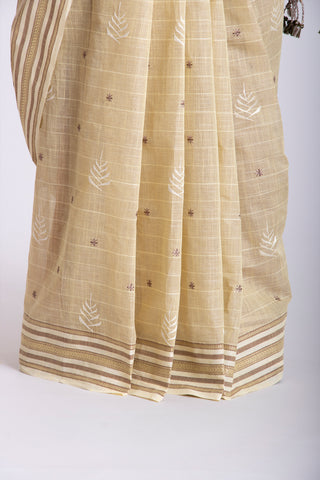 Kanchi Cotton Saree With White colour Feather and Brick Red Colour flower Hand Embroidery.