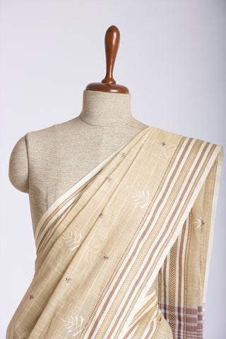 Kanchi Cotton Saree With White colour Feather and Brick Red Colour flower Hand Embroidery.