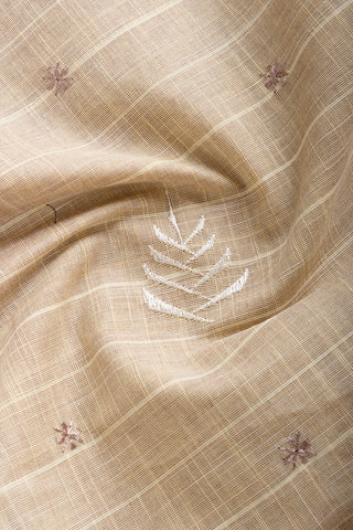 Kanchi Cotton Saree With White colour Feather and Brick Red Colour flower Hand Embroidery.