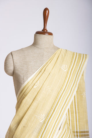 Kanchi Cotton Saree With White colour Feather and Brick Red Colour flower Hand Embroidery.