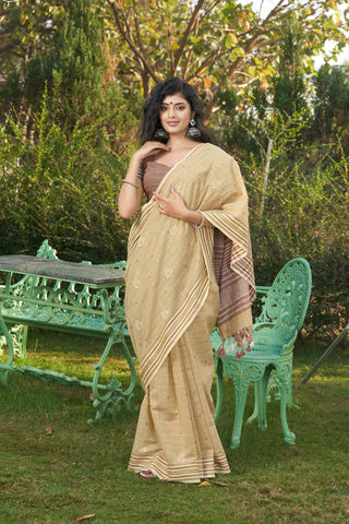 Kanchi Cotton Saree With White colour Feather and Brick Red Colour flower Hand Embroidery.