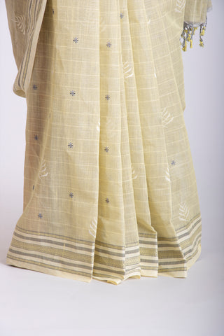 Kanchi Cotton Saree With White colour Feather and Brick Red Colour flower Hand Embroidery.