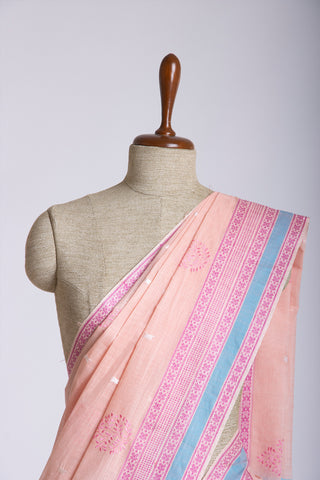 Kanchi cotton saree with Blue color branches  and pink color flower hand embroidery.