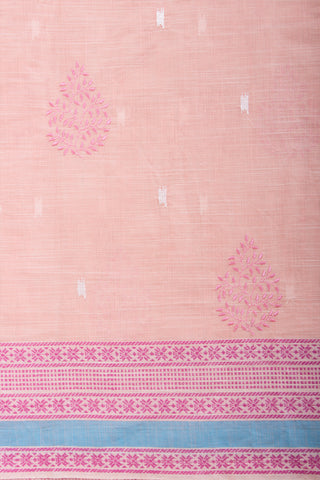 Kanchi cotton saree with Blue color branches  and pink color flower hand embroidery.