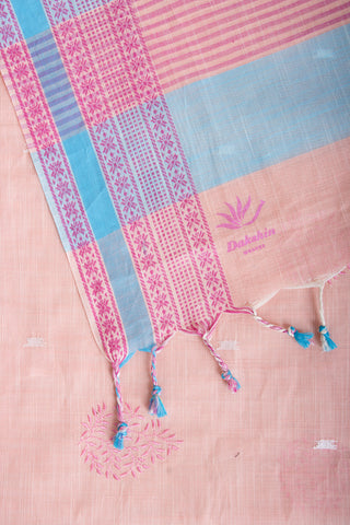 Kanchi cotton saree with Blue color branches  and pink color flower hand embroidery.