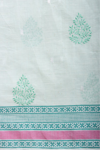 Kanchi cotton saree with Blue color branches  and pink color flower hand embroidery.