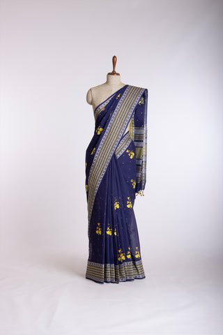 Kanchi Cotton Saree With Flower Design embroidery Work.