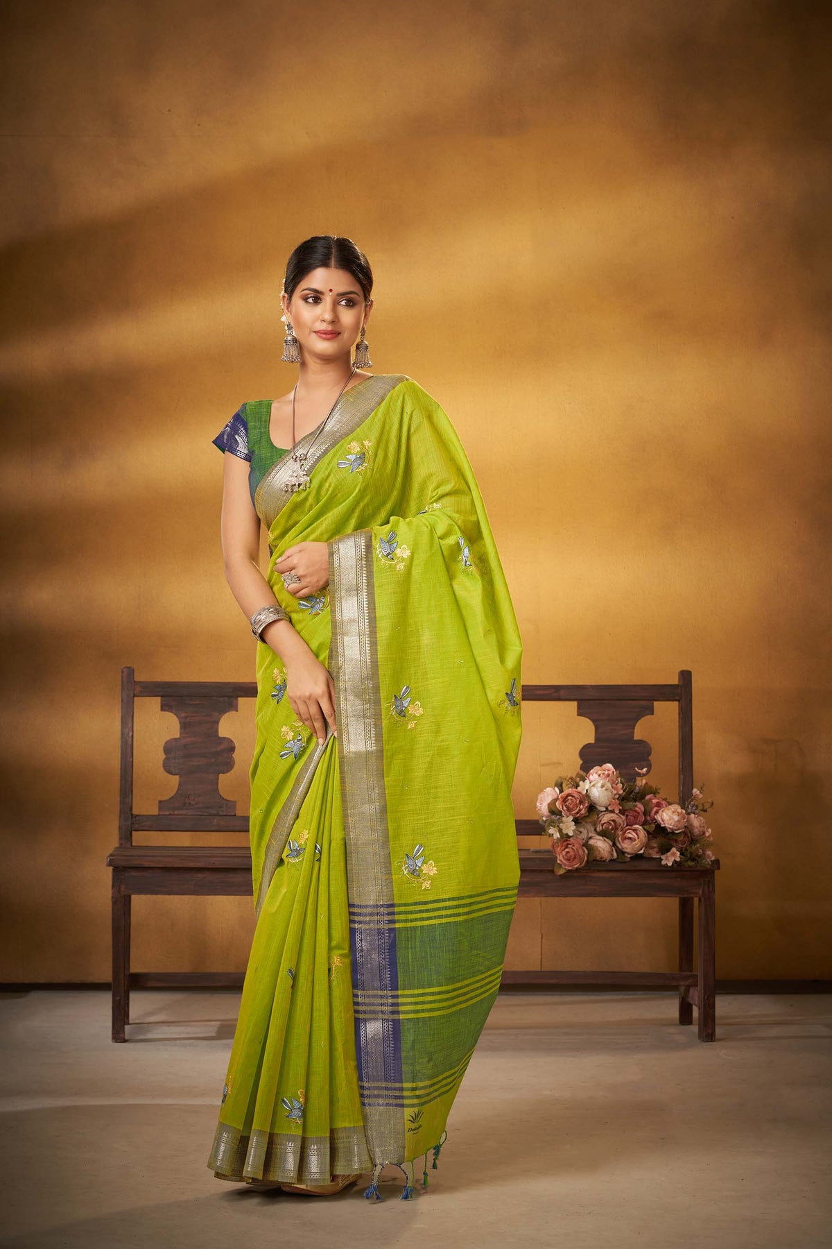 Mangalagiri Cotton Sarees With Bird Embroidary work.