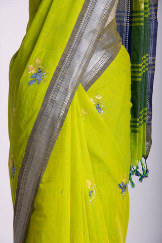 Mangalagiri Cotton Sarees With Bird Embroidary work.