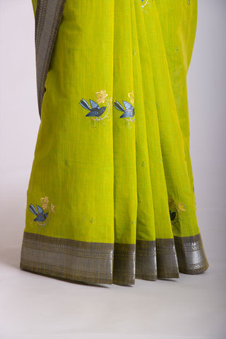 Mangalagiri Cotton Sarees With Bird Embroidary work.