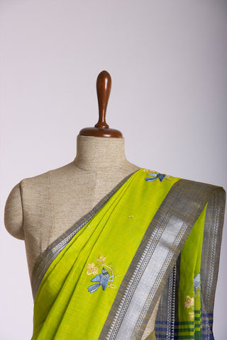 Mangalagiri Cotton Sarees With Bird Embroidary work.