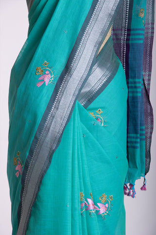 Mangalagiri Cotton Sarees With Bird Embroidary work.