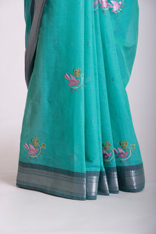 Mangalagiri Cotton Sarees With Bird Embroidary work.