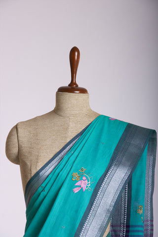 Mangalagiri Cotton Sarees With Bird Embroidary work.