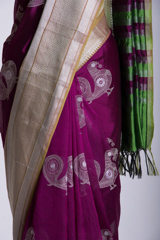 Mangalagiri silk saree with  Peacock design hand embroidered work.