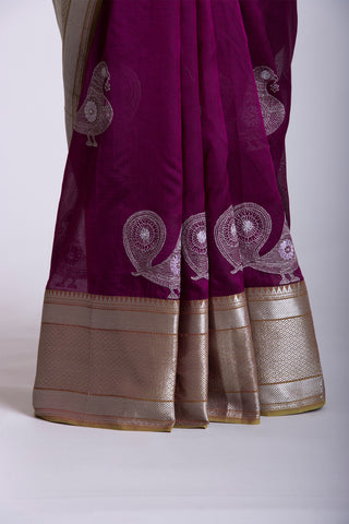 Mangalagiri silk saree with  Peacock design hand embroidered work.