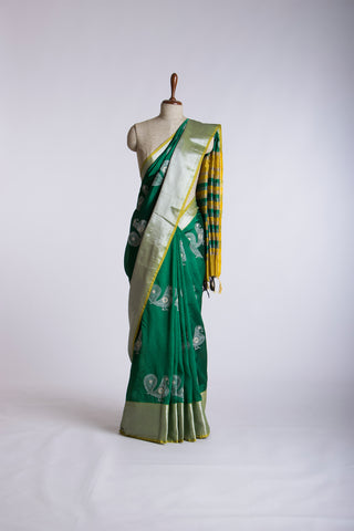 Mangalagiri silk saree with  Peacock design hand embroidered work.