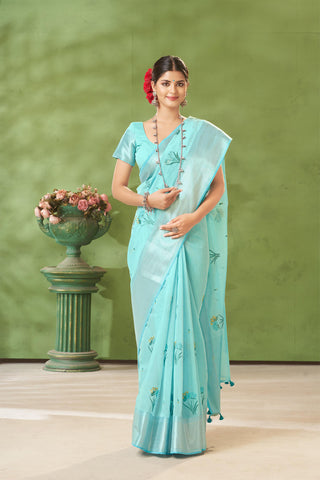 Mangalagiri silk saree with  flower design hand embroidered.