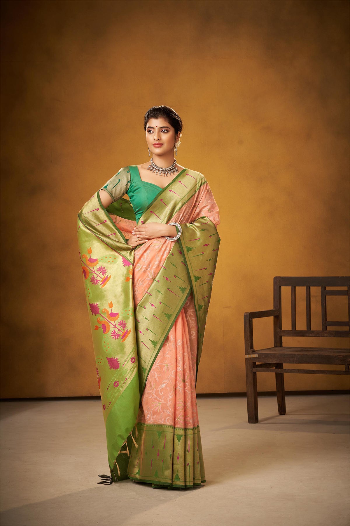 Paithani silk saree with all over contrast weaving