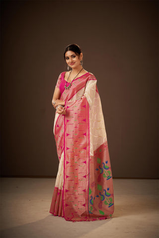 Paithani silk saree with Embroidery work and handprint  saree