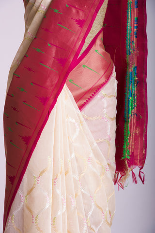 Paithani silk saree with Embroidery work and handprint  saree