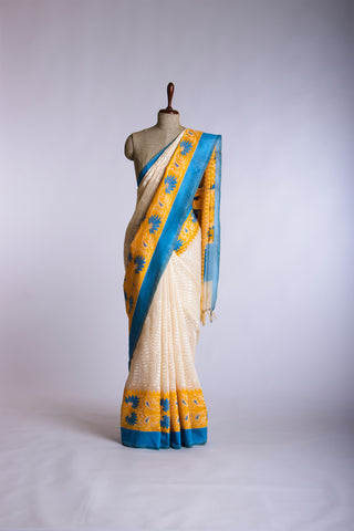 Paithani silk saree with Embroidery work and flower handprint  saree