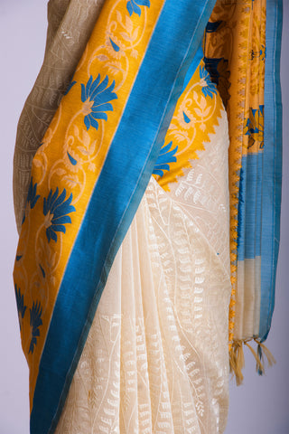 Paithani silk saree with Embroidery work and flower handprint  saree