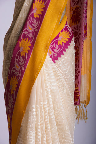 Paithani silk saree with Embroidery work and flower handprint  saree