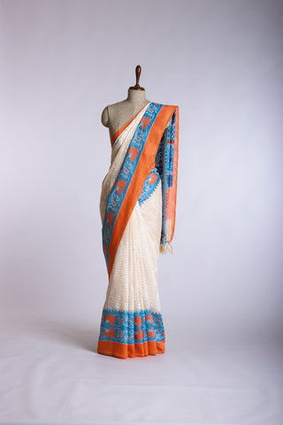 Paithani silk saree with Embroidery work and flower handprint  saree