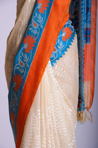 Paithani silk saree with Embroidery work and flower handprint  saree