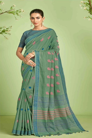 Cream color Venkatagiri Cotton saree with Peacock design weave