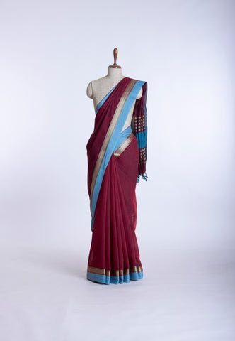 Kollam Cotton saree with Brown hand printed with Bandhani patterned design -(SA-078)