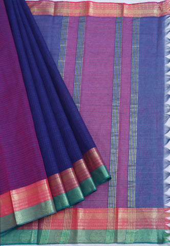 Kollam Katari Khadi With Blue Collur and Border with Cream Shade