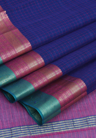 Kollam Katari Khadi With Blue Collur and Border with Cream Shade