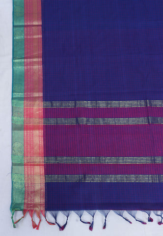 Kollam Katari Khadi With Blue Collur and Border with Cream Shade