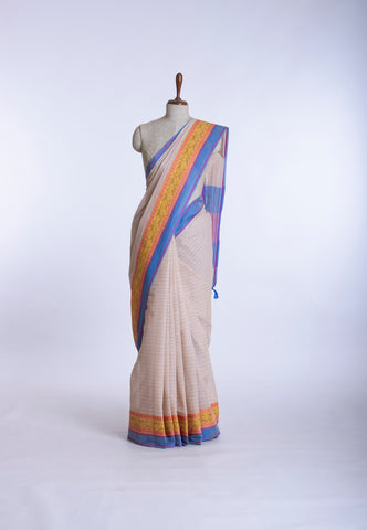 Kollam Cotton saree with Cream hand printed with Bandhani patterned design -(SA-081)