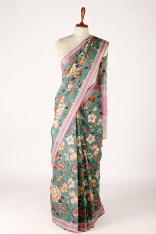 Alikam Khadi Digital Print Cotton in Melon Peach with White Slub Texture