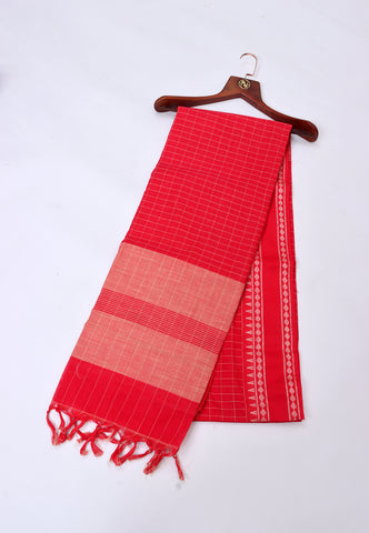 Kollam Katari Khadi With Light Red Collur and Border with Red Shade-(SA-025)