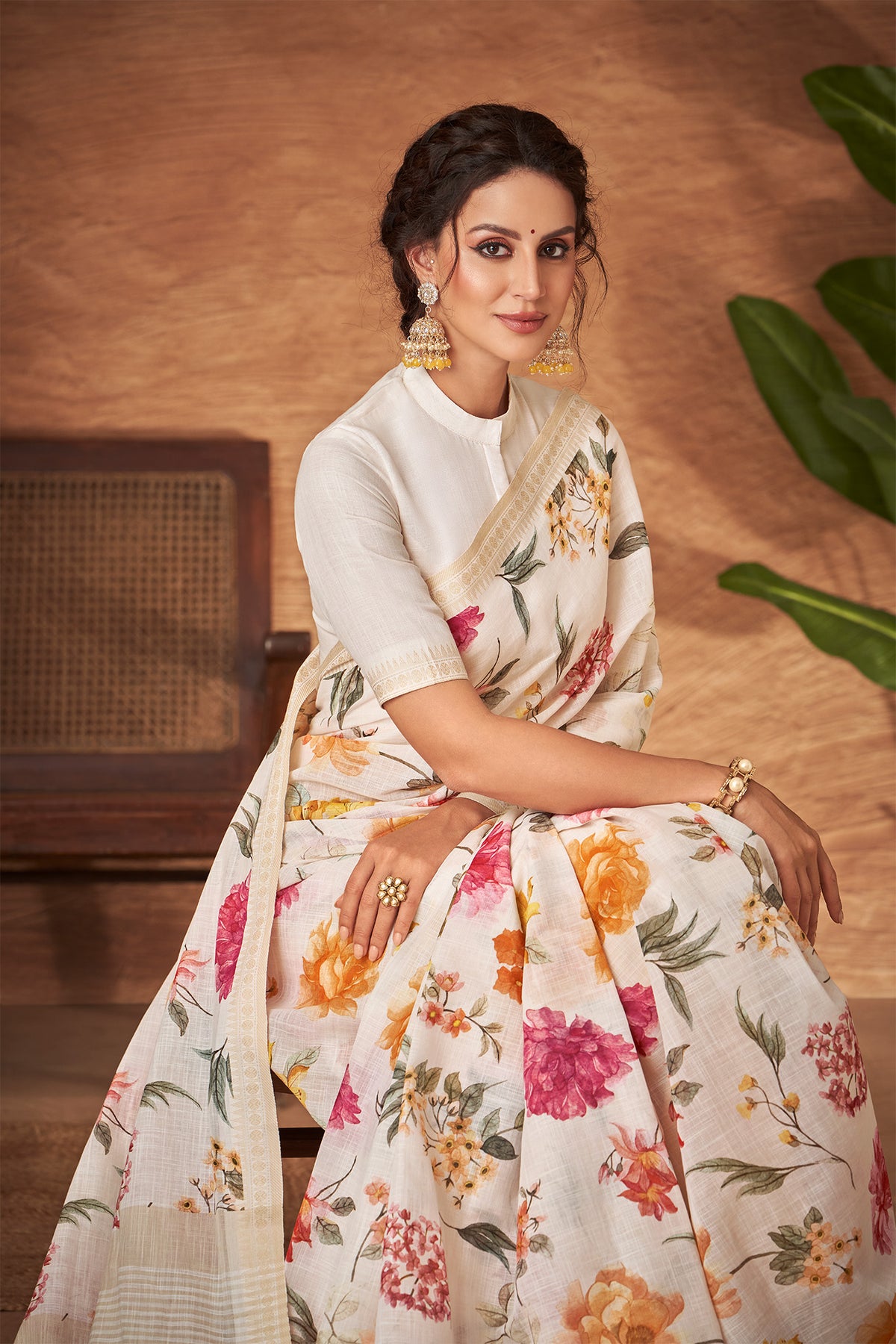 Alikam Khadi Cotton saree in Off-White and handprint with floral jaal pattern