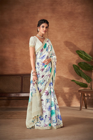 Alikam Khadi Cotton saree in Off-White and handprint with floral jaal pattern